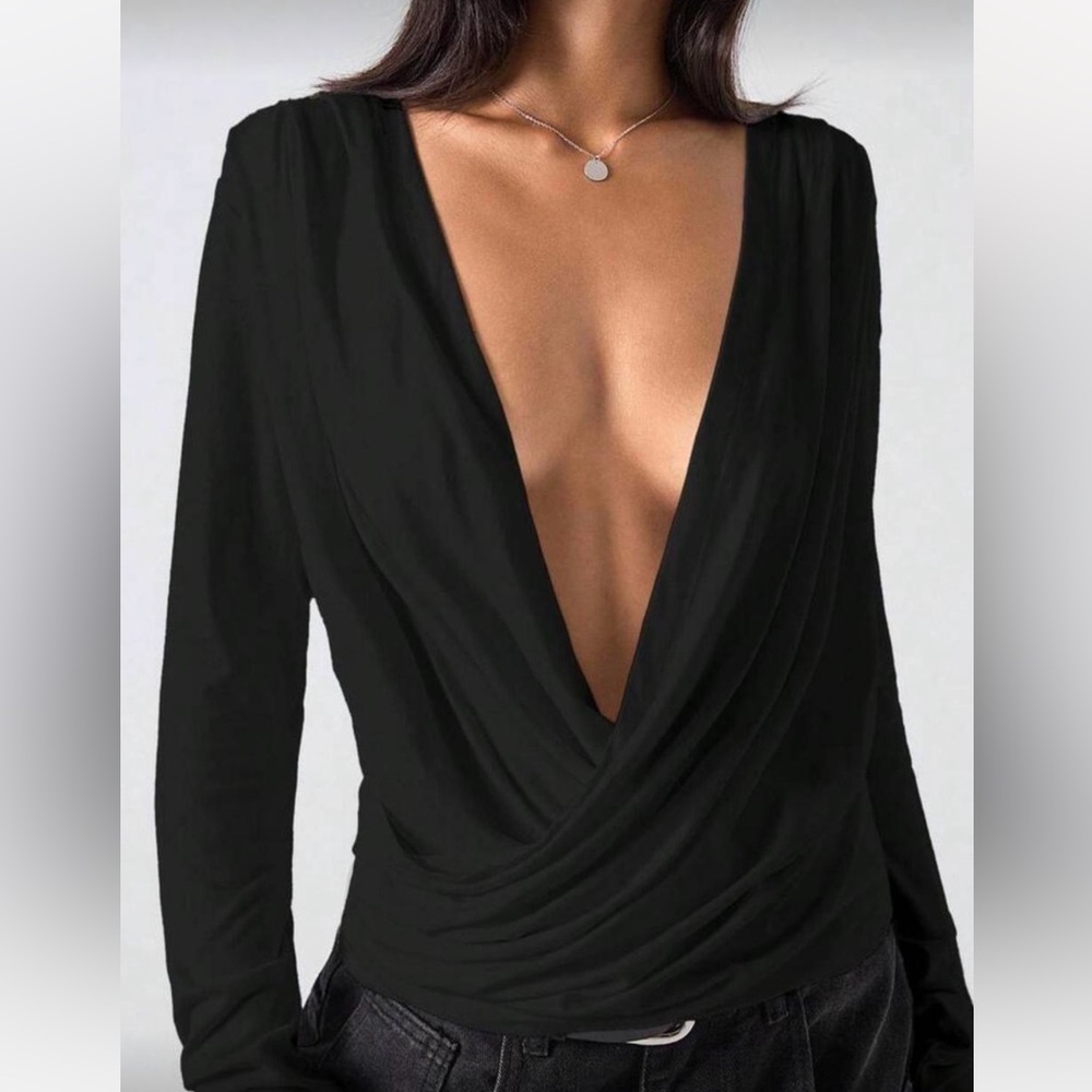 Black Deep V Wrap Top / Plunge Long Sleeve Top
